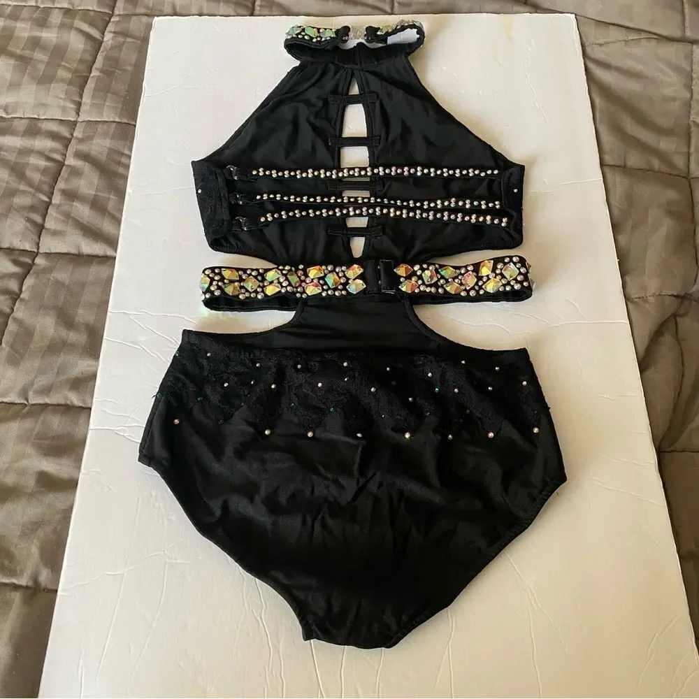 Glamour solo custom dance costume black leotard illusion MA-Medium adult